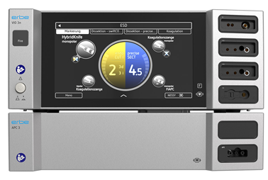 Image of the VIO® 3n Fire, an electrosurgical generator, designed to synchronize with FiAPC® plus probes for full potential in APC treatments.
